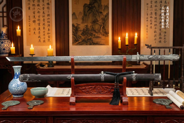 Dark Silver Water Dragon: Damascus Steel Tang Dao - Straight Blade Sword |《 暗銀水龍》