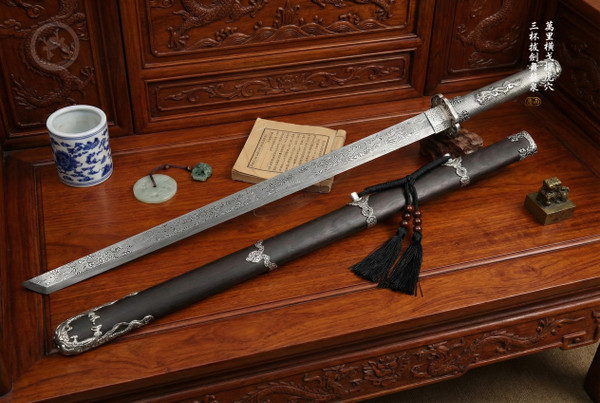 Dark Silver Water Dragon: Damascus Steel Tang Dao - Straight Blade Sword |《 暗銀水龍》