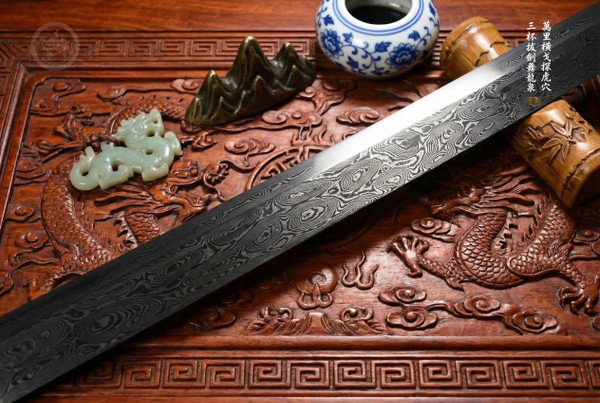 Dark Silver Water Dragon: Damascus Steel Tang Dao - Straight Blade Sword |《 暗銀水龍》