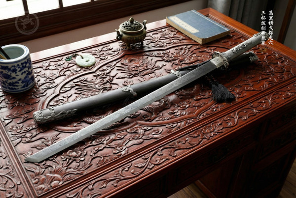 Dark Silver Water Dragon: Damascus Steel Tang Dao - Straight Blade Sword |《 暗銀水龍》
