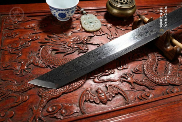 Dark Silver Water Dragon: Damascus Steel Tang Dao - Straight Blade Sword |《 暗銀水龍》