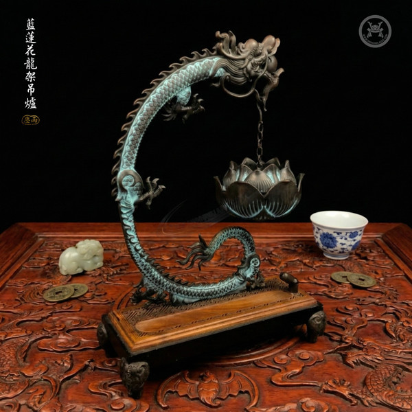 Azure Lotus: High-Temp Patina Purple Bronze Hanging Censer - Zen Collector Grade