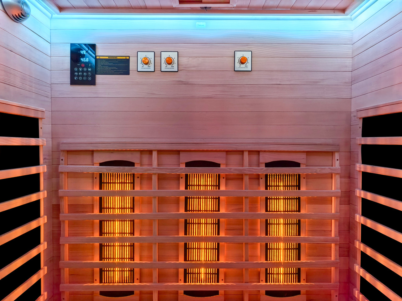 Triple the heat, triple the power. The Vista Trio's wide back wall houses three infrared rod heaters running at full capacity — delivering broad, enveloping warmth across every inch of the cabin.