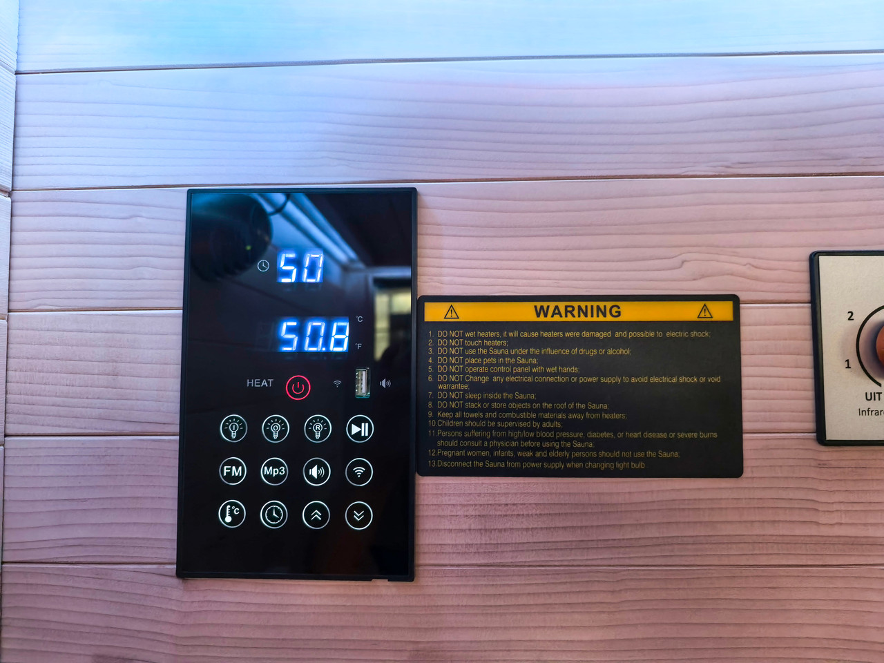 Effortless control for a three-person session. The Vista Trio's sleek digital touch panel manages temperature, timer, lighting, FM radio, MP3, and Wi-Fi — everything you need, right at your fingertips.