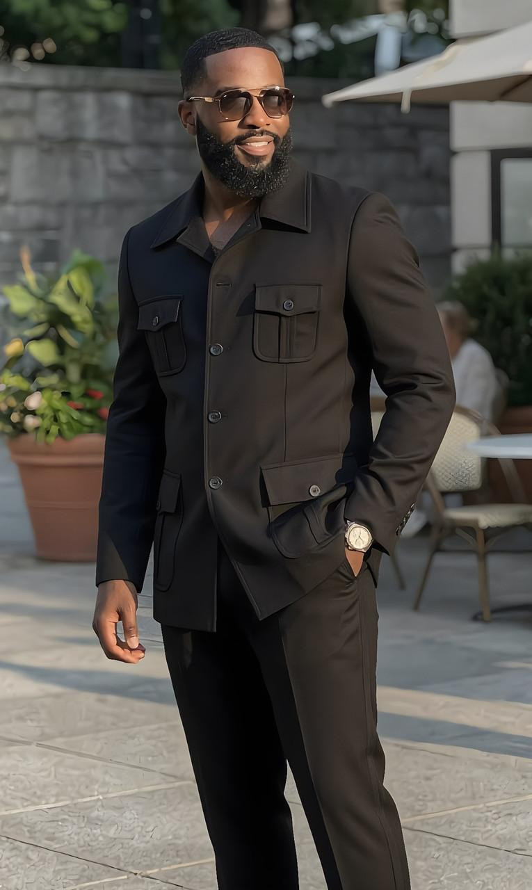 Pronti Men's Black Casual Safari Suit Pocket Front Jacket BP8102