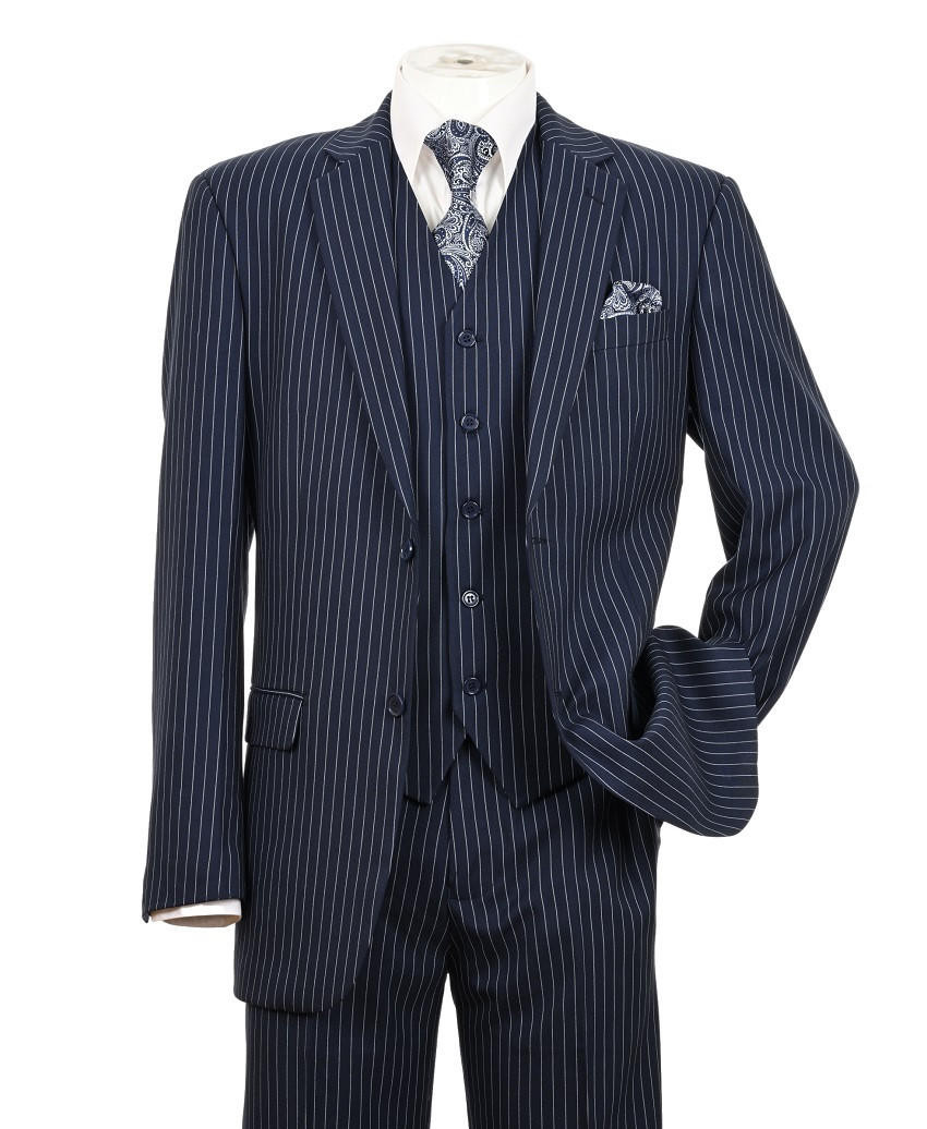 Mens Navy Pinstripe 3 Piece Suit by Milano