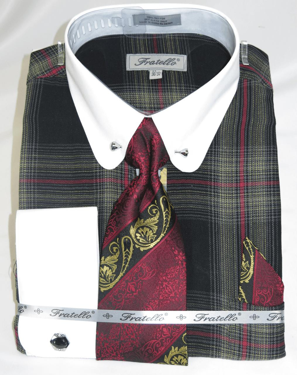 1920s style dress shirt Collar Bar Shirt 1920s French Cuff Mustard Tartan Plaid FRV4156P2 16.5/36/37 Mustard