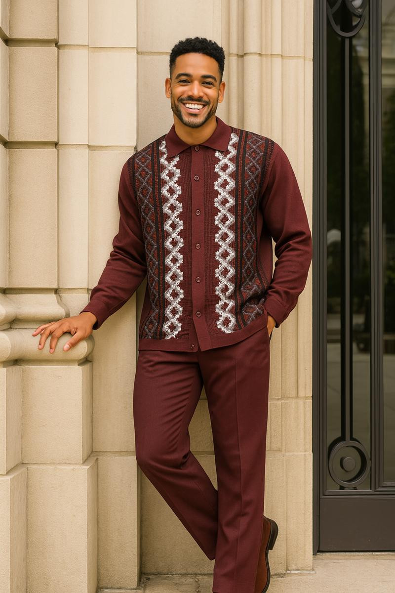 Silversilk Men's Fall Knit Front Shirt Pants Set Burgundy 14010