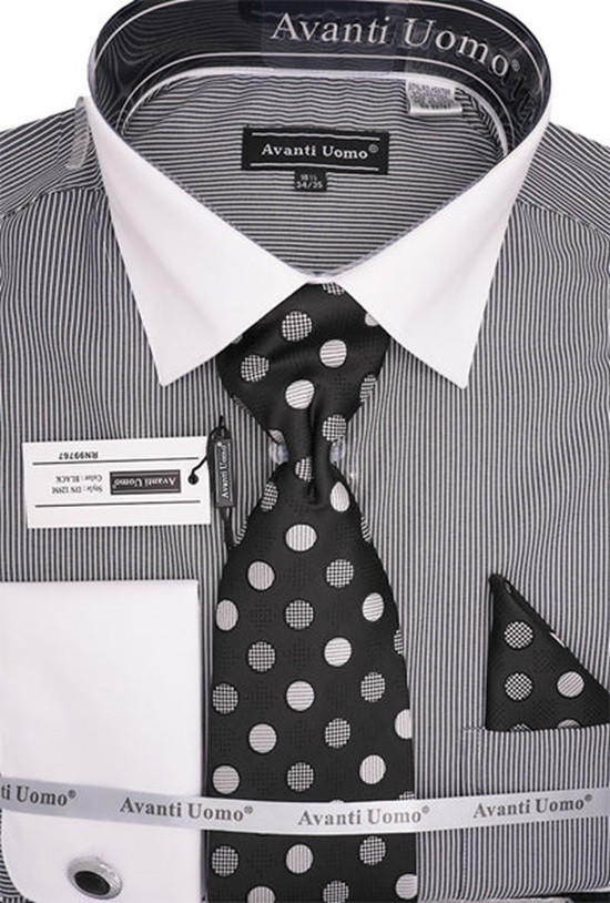 avanti uomo men's dress shirts Avanti Uomo Mens Black Stripe French Cuff Dress Shirt Tie Combo DN129M