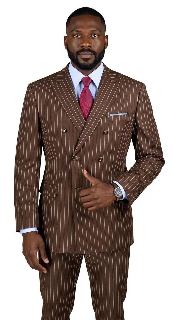 Vinci Men's Brown 1930s Double Breasted Banker Stripe Suit F-DSS