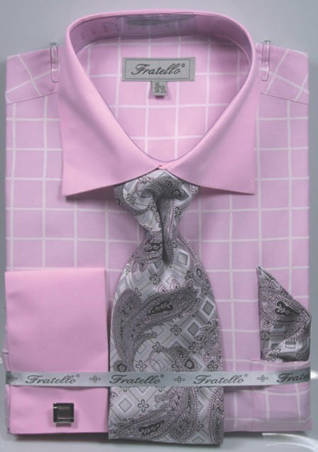 mens pink patterned dress shirt Mens Pink Ginham Dress Shirt Set French Cuff Avanti DN106M