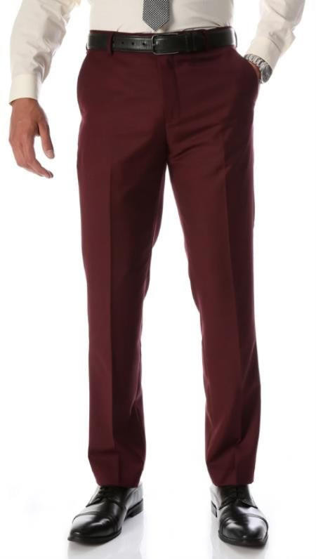 Men's Modern Fit Slacks Burgundy Plain Front Dress Pants OM-TR