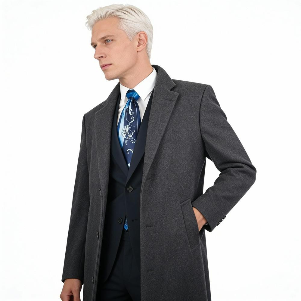 Vinci Men's Wool Topcoat Charcoal Full Length Long Coat CL48