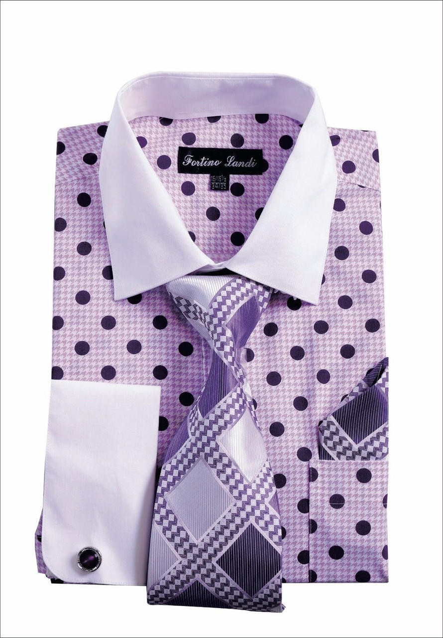 Mens Dress Shirt Matching Tie Set Purple Dot Fortini FL632