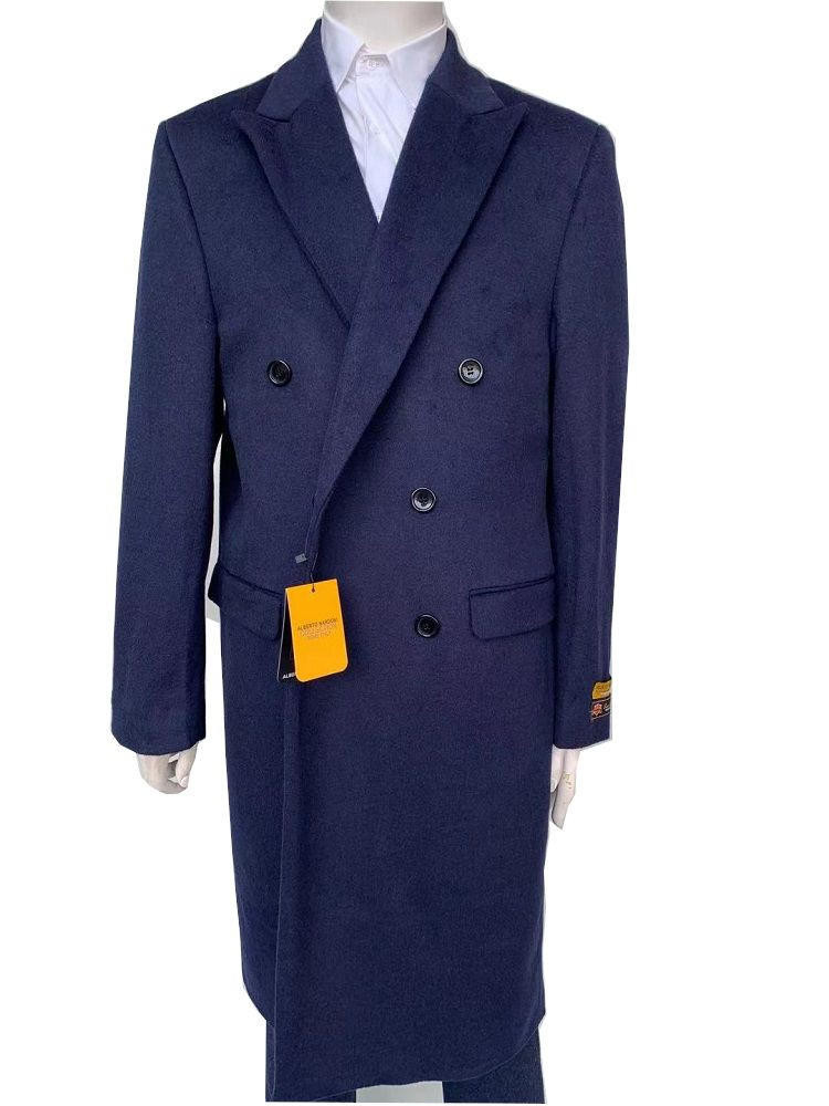 Men's Double Breasted Wool Overcoat Navy Blue Long Coat Alberto DB