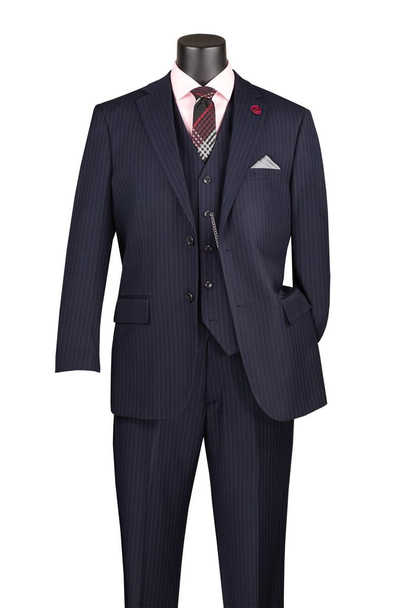 Mens Navy Pinstripe 3 Piece Business Suit Regular Fit Vinci V2RS-7