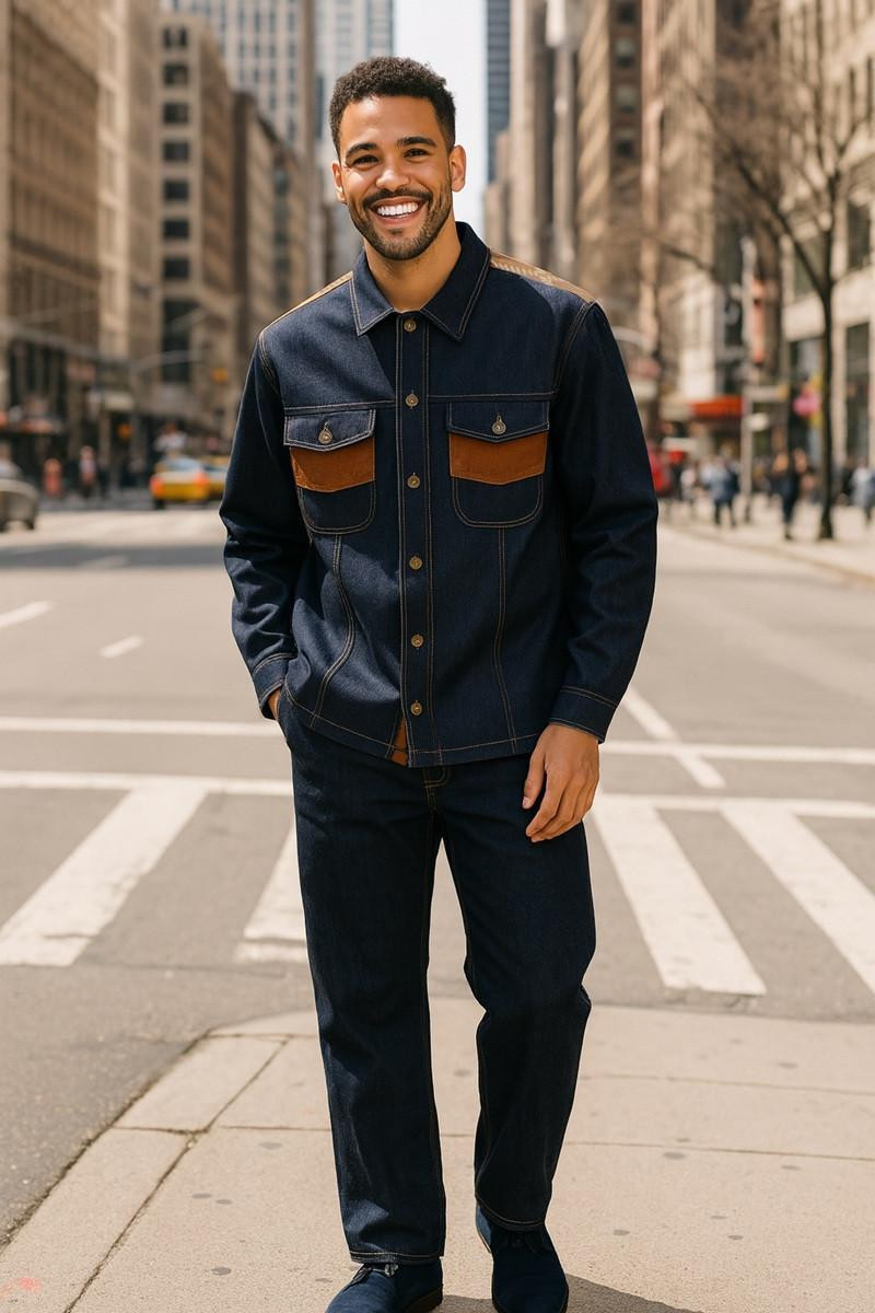 Stacy Adams Men's Blue Denim Shirt Pants Set Suede Trim 1528 | XL Only