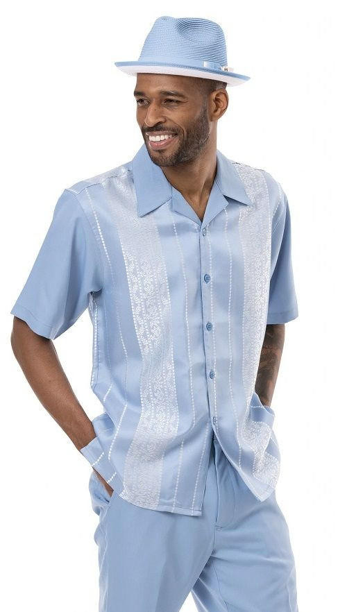mens casual dress sets Relaxed Fit Button Down Shirt Set for Men Summer Vacation Outfits Clear Blue / L