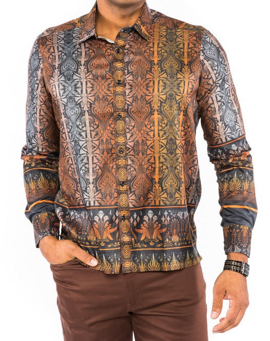 Prestige Mens Club Style Rust Button Down Shirt Fancy Print PR-448