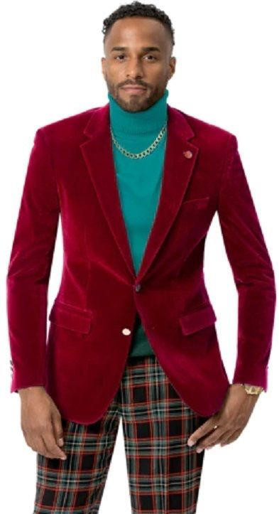Men's Velvet Jacket Red Tailored Fit Blazer EJ Samuel J134