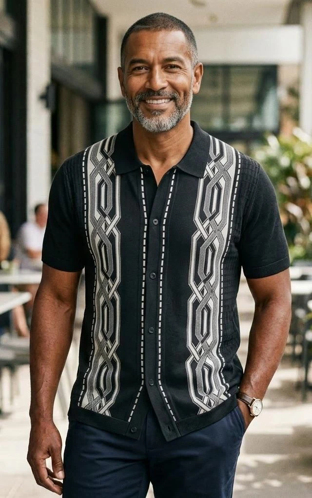 knitted dress shirt Pronti Mens Black Knit 1960s Style Casual Short Sleeve K2018 mens knit shirt outfit