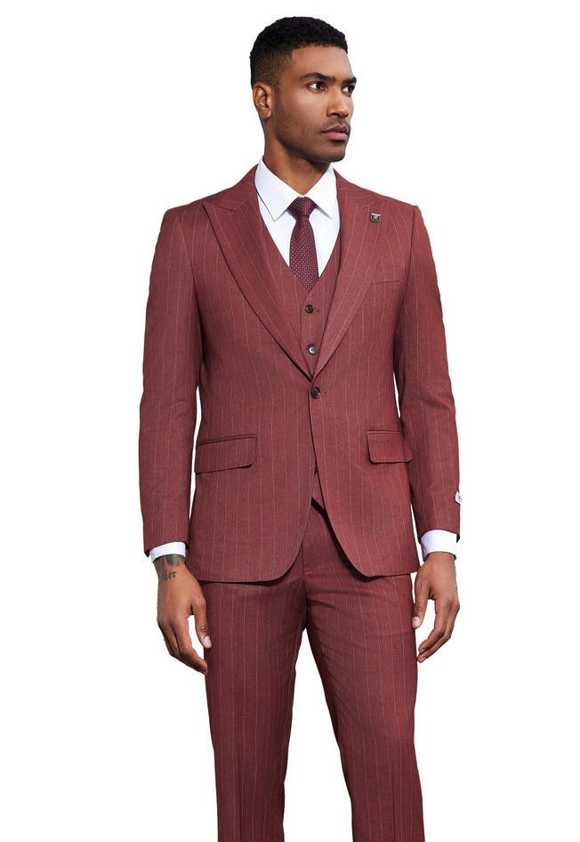 Stacy Adams Men's Peak Lapel Suit Wine Pinstripe 3 Piece Suit