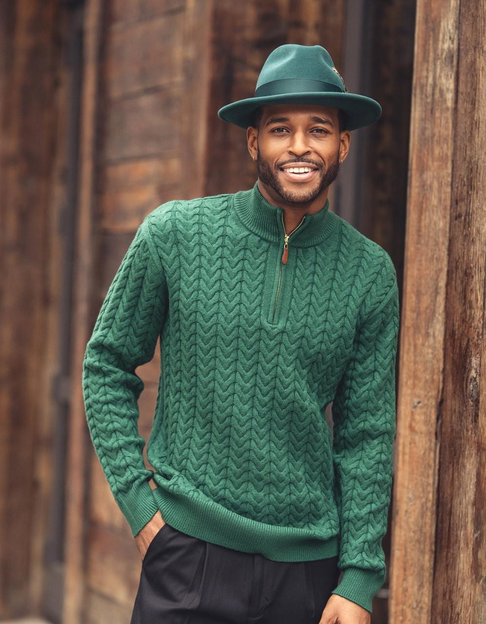 Montique Mens Green Cable Knit Sweater Zip Neck SW-103