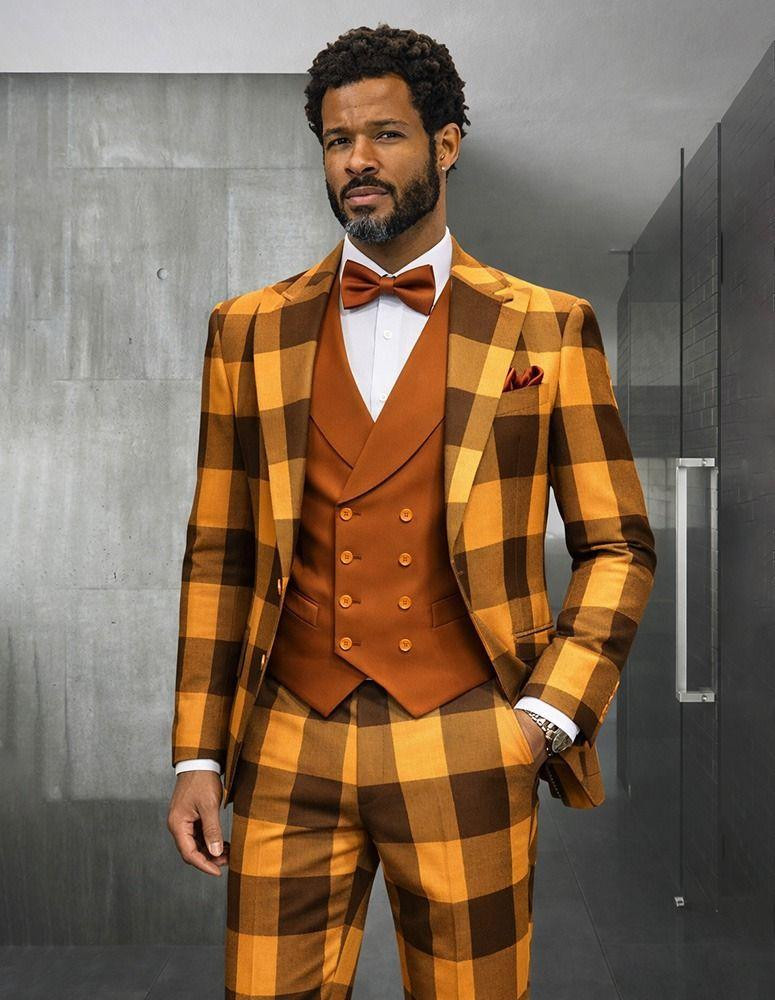 Statement Men's Huge Plaid Wool Peak Lapel Modern Fit Suit 3 Piece