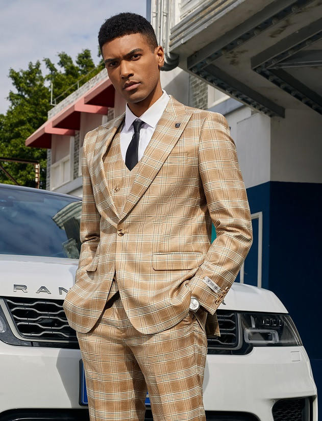 Stacy Adams Mens Plaid Suit Beige Modern Fit SM150H1-01