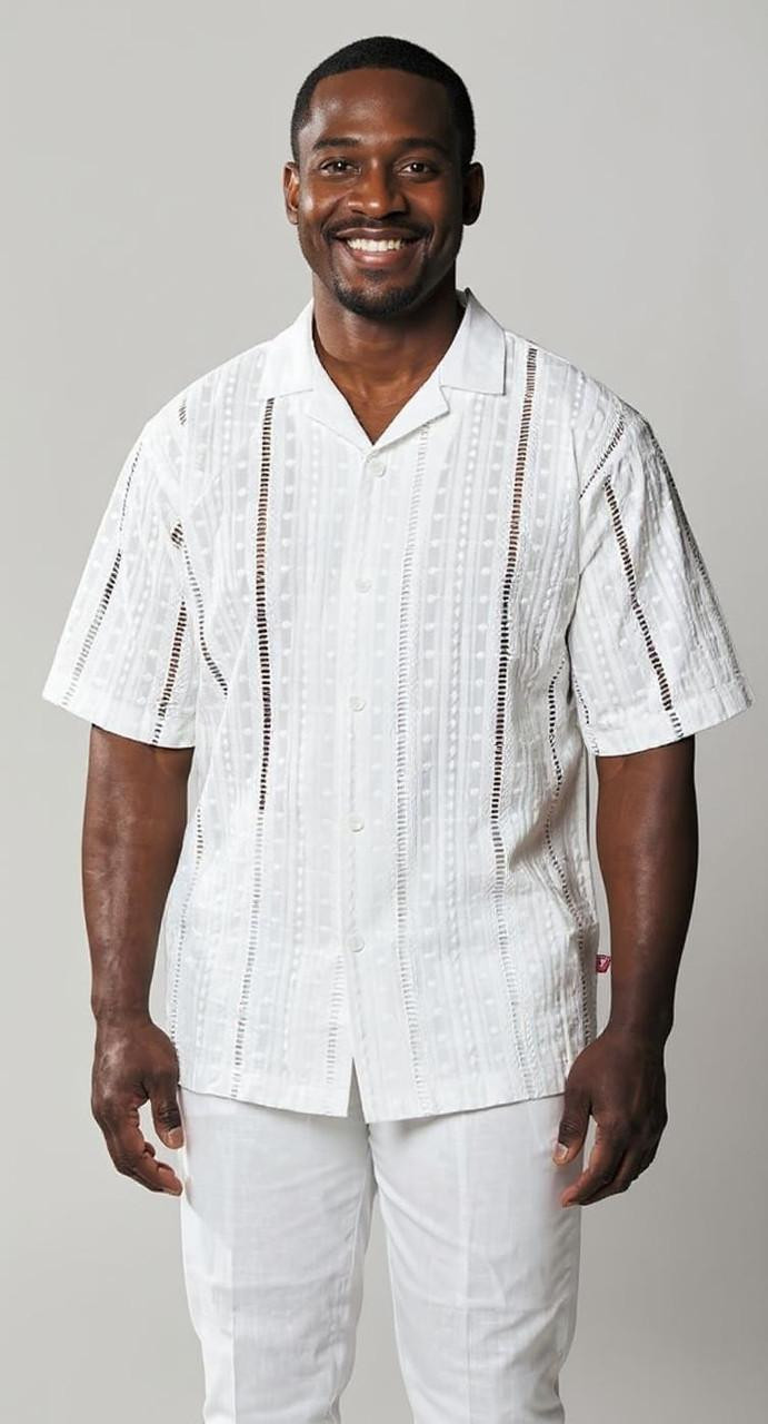 Stacy Adams Short Sleeve Linen Outfit White Woven Front 96006
