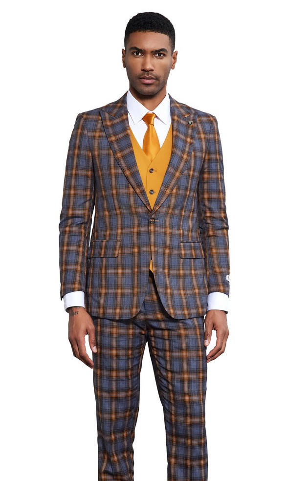 Stacy Adams Men's Plaid Suit Three Piece Blue Gold SM177H1-24