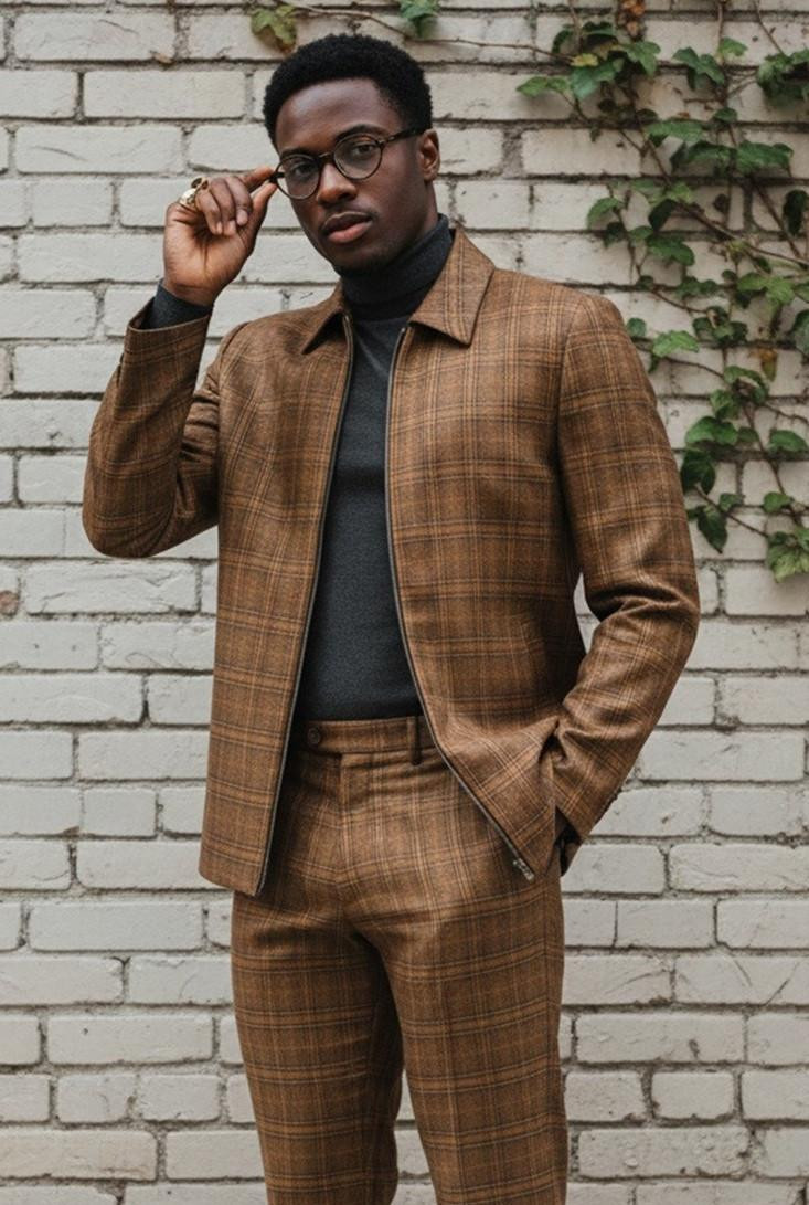 Pronti Mens Casual Leisure Suit Brown Plaid 6776
