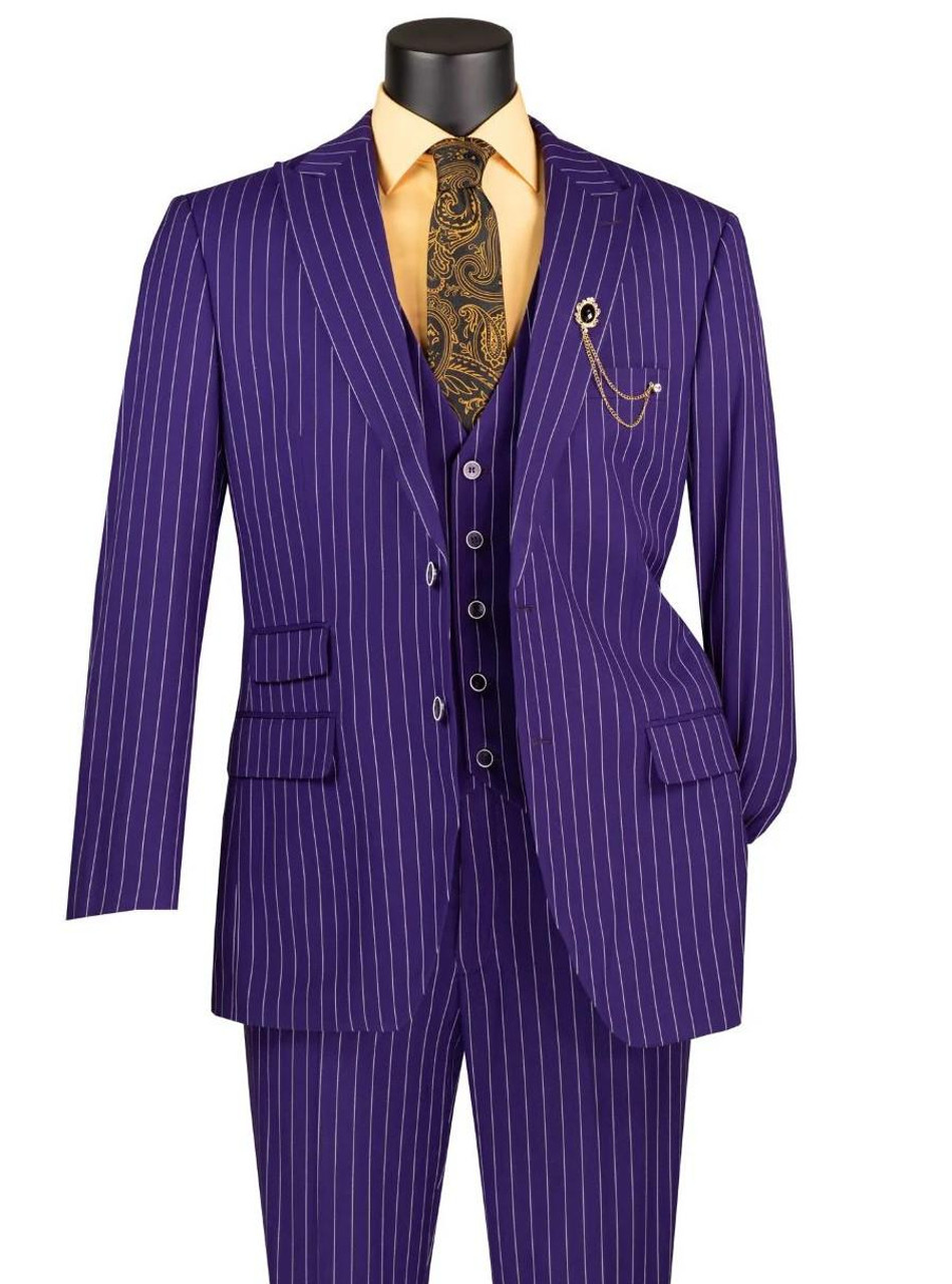 Vinci Mens Purple Gangster Pinstripe Suit with Vest V2RS-9