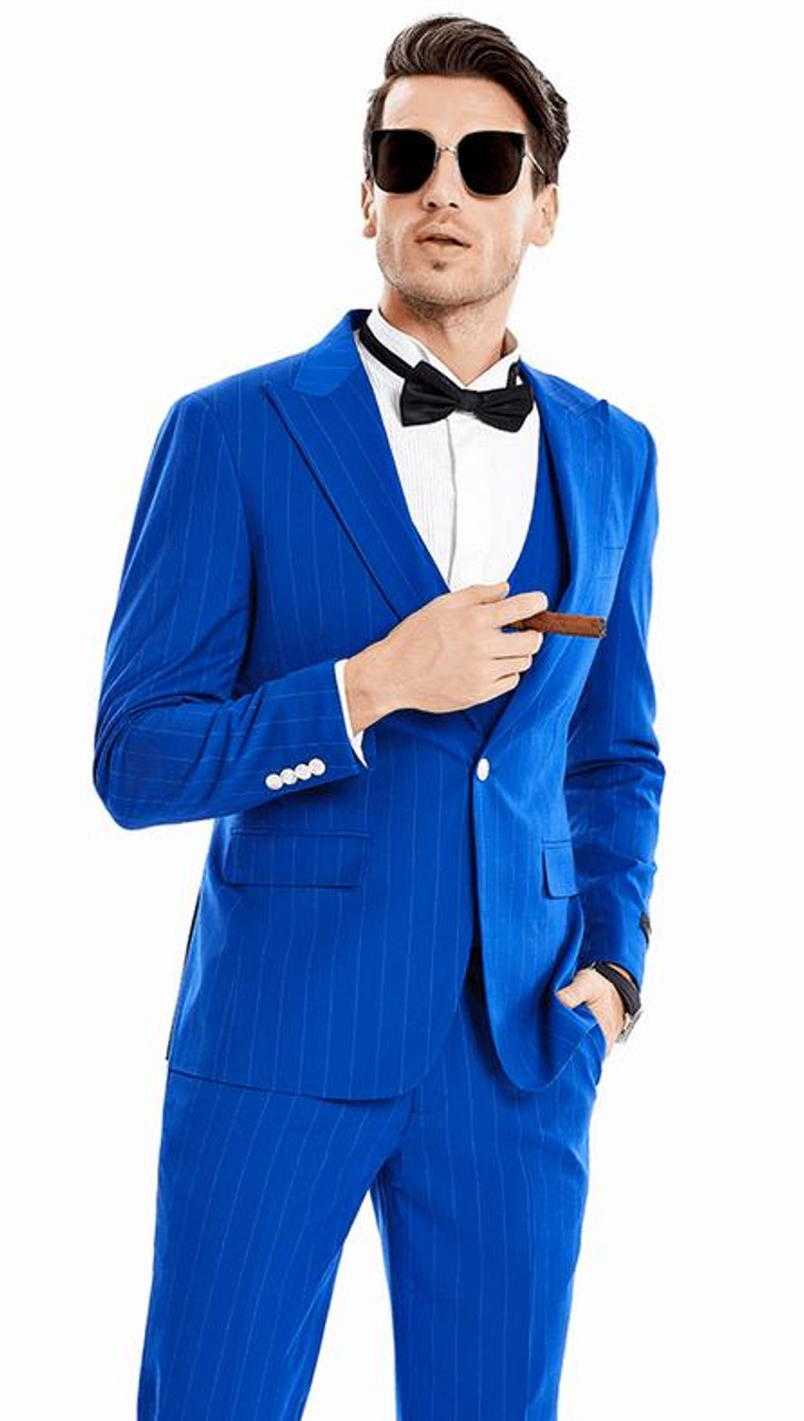 Men's Blue Pinstripe Skinny Fit Suit 3 Piece Suit Fitted Tazio M369SK-02