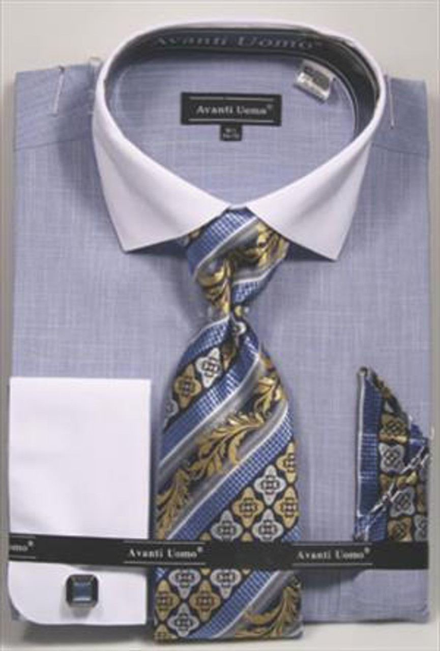 Avanti Uomo Blue Heather White Collar Dress Shirt Tie Combo DN73M