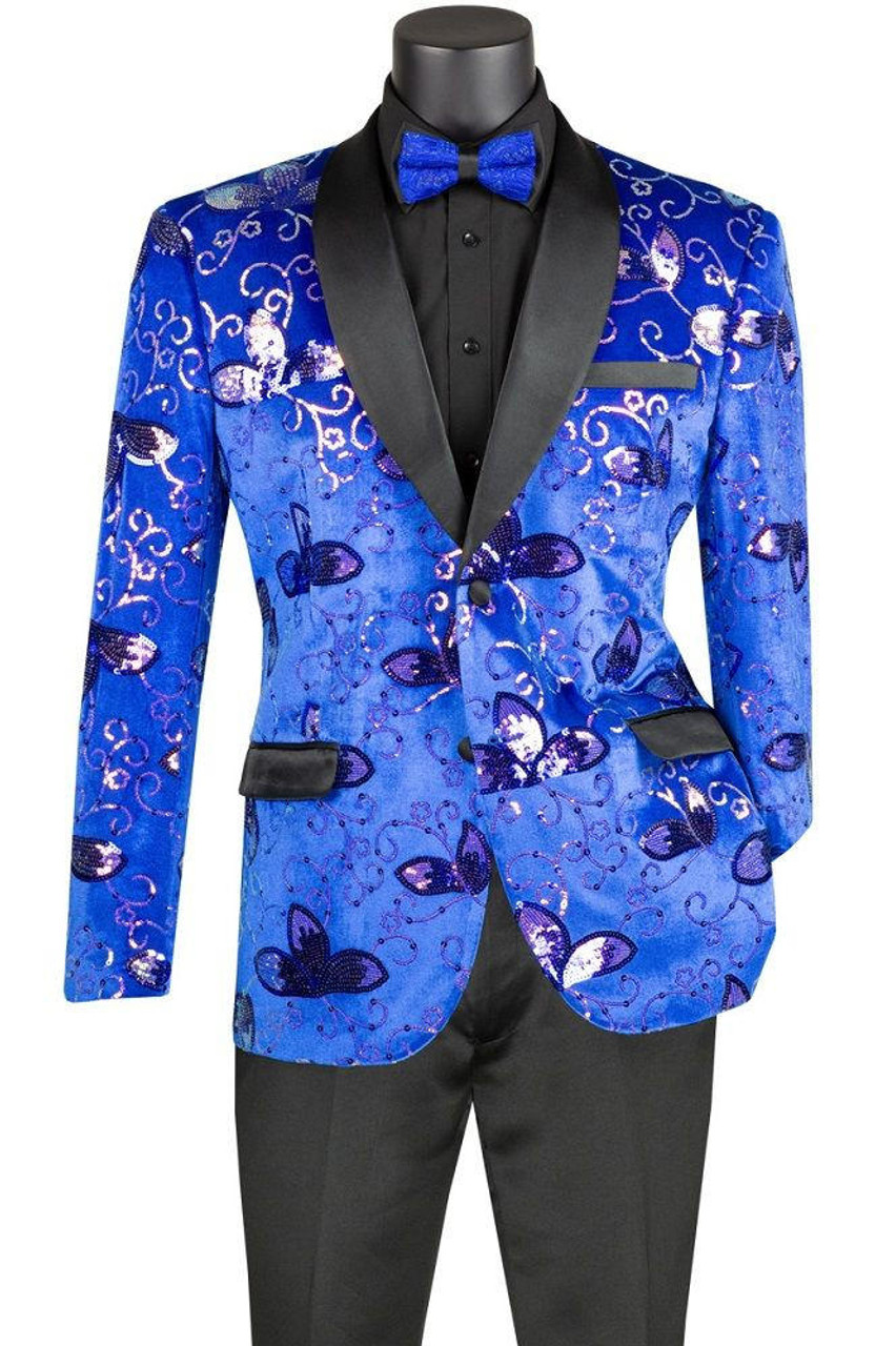 Mens Blue Velvet Jacket Elegant Double Breasted Coat Wedding Prom Tuxedo  Blazer