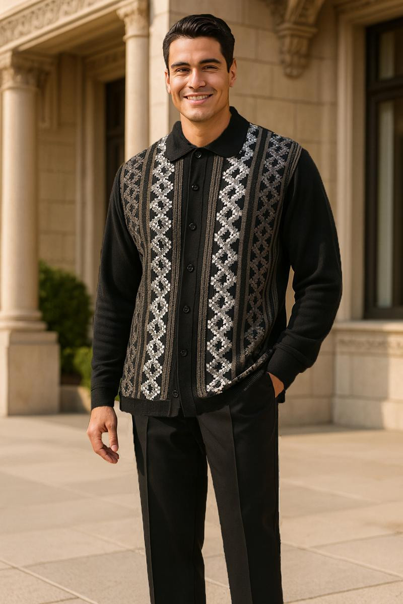 Silversilk Men's Fall Knit Front Shirt Pants Set Black 14010