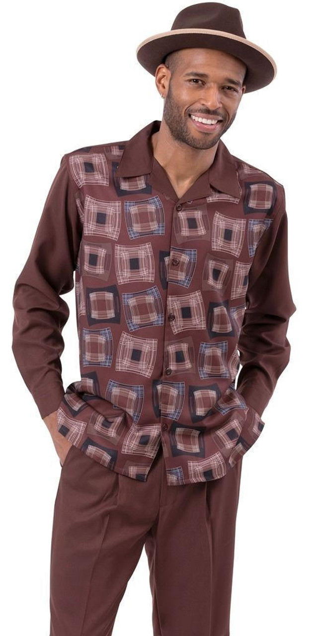 Montique Mens Walking Suit Brown Pattern Long Sleeve Casual Outfit 2280