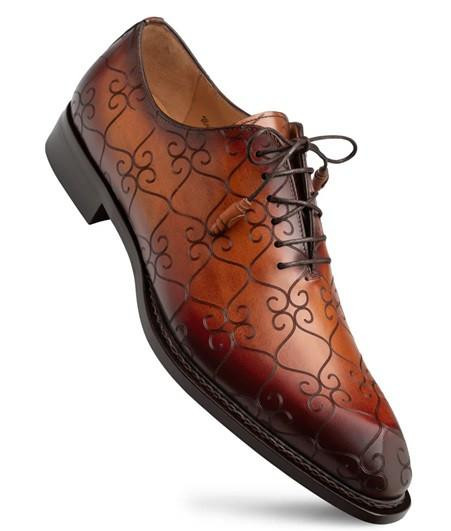 Mezlan Shoes Mens Fancy Calfskin Print Design Cognac Rust Oxford