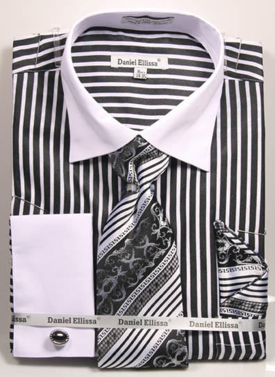 DE Mens Black White Stripe Cuff Dress Shirt Tie Set DS3787P2