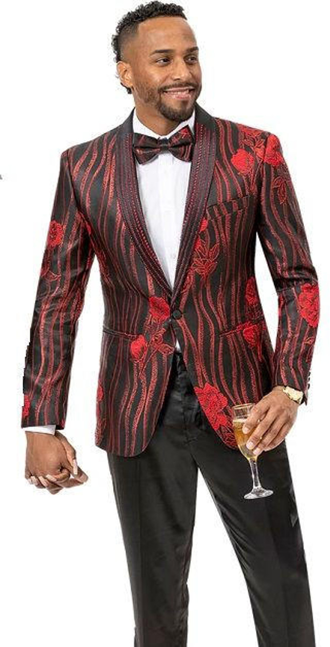 Men's Black Red Floral Design Tuxedo Jacket EJ Samuel J152