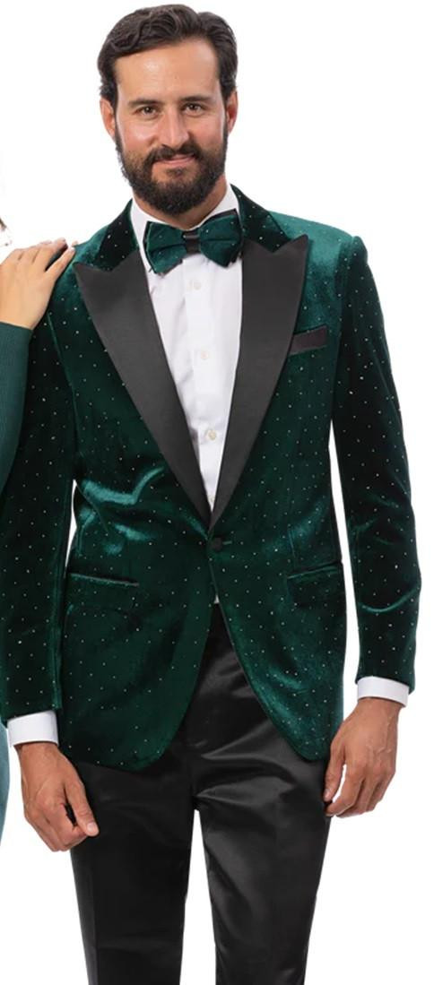 Men's Green Velvet Diamond Stud Tailored Fit Party Jacket EJ