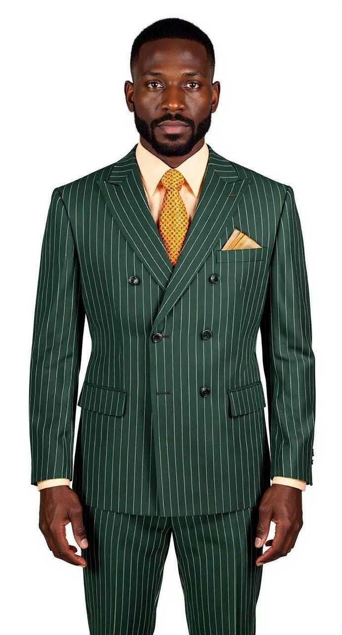 Men's Double Breasted Hunter Green Suit Gangster Stripe F-DSS