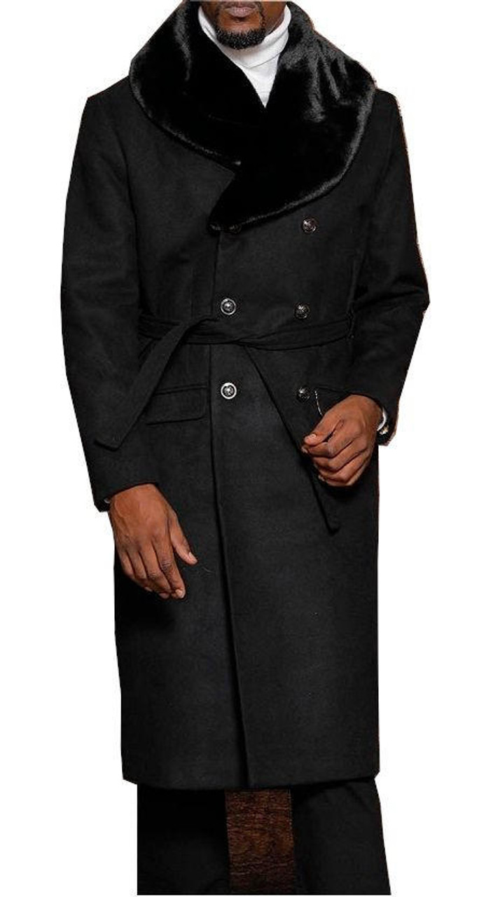 Topcoat - Manzini Mens Black Fur Collar Wool Overcoat Belted