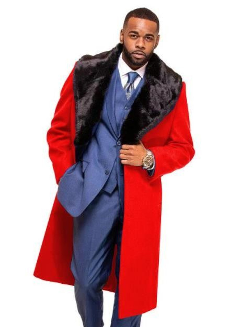 Men's Red Fur Collar Wool Overcoat Alberto IS Size 46 Chest