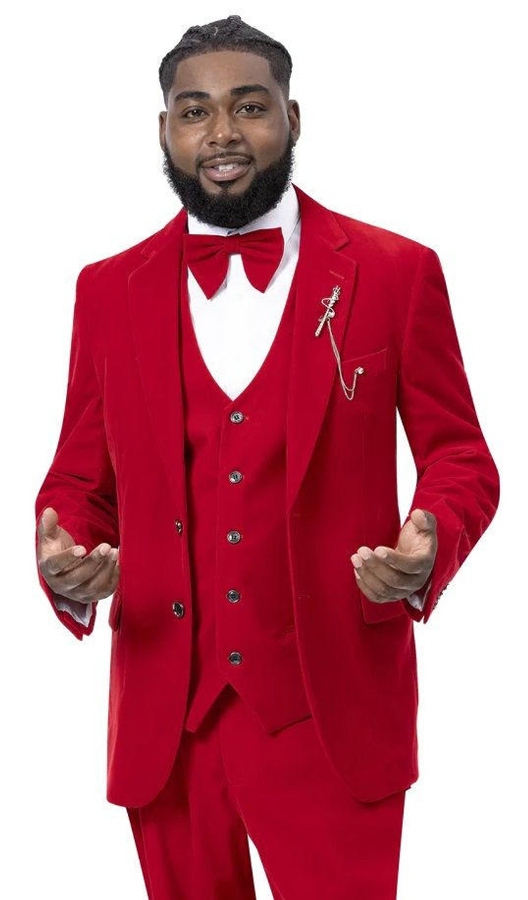EJ Samuel Velvet Suit Mens Red Modern Fit 3 Piece Fashion Party Event M2781