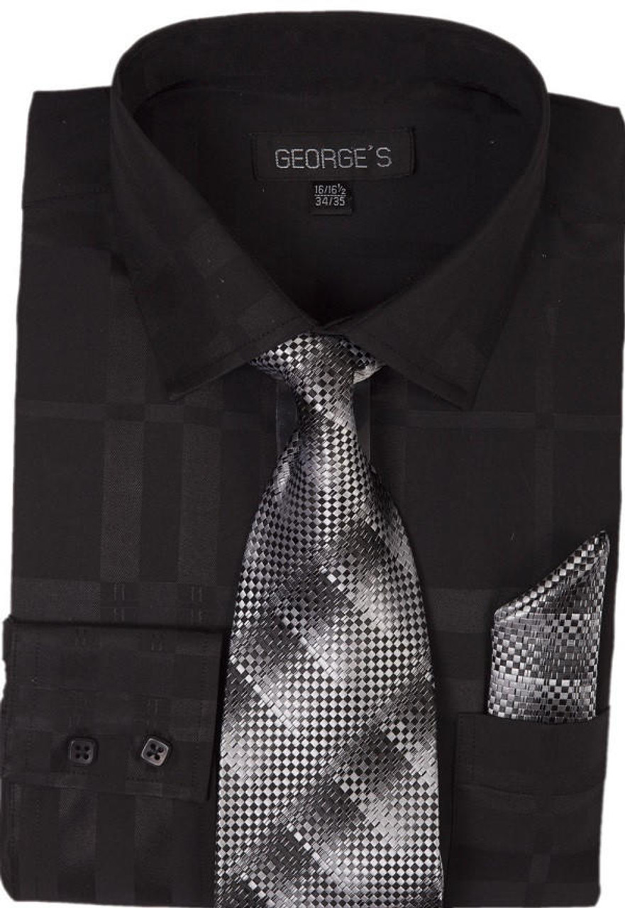 Mens Dress Shirt with Matching Tie and Hanky Black George AH623