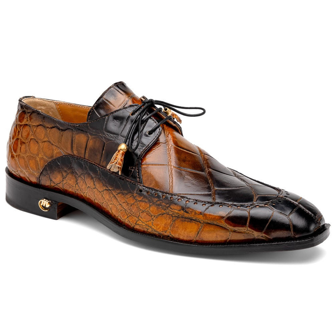 Mauri Men\'s Italian Shoes Alligator Dress Eminence Apron Black Toffee 3287 Toe