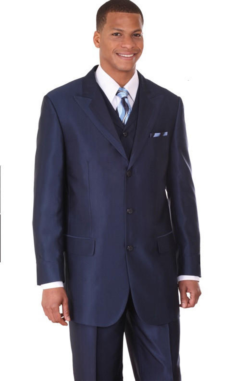 Mens Fashion Suits by Milano Moda Navy Vested Sharkskin Suit 5907V