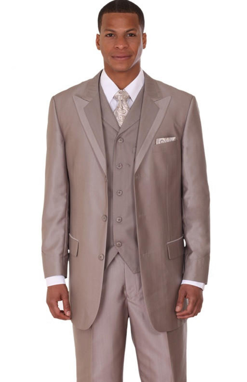 Mens Fashion Suits by Milano Moda Tan Vested Sharkskin Suit 5907V